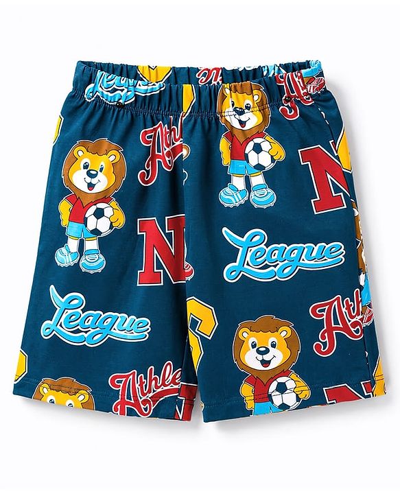 Babyhug 100% Cotton Knit Half Sleeves Lion & Bear Printed Co-Ords T-shirt & Shorts Night Suit - Navy Blue