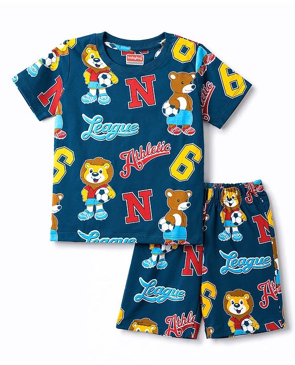 Babyhug 100% Cotton Knit Half Sleeves Lion & Bear Printed Co-Ords T-shirt & Shorts Night Suit - Navy Blue
