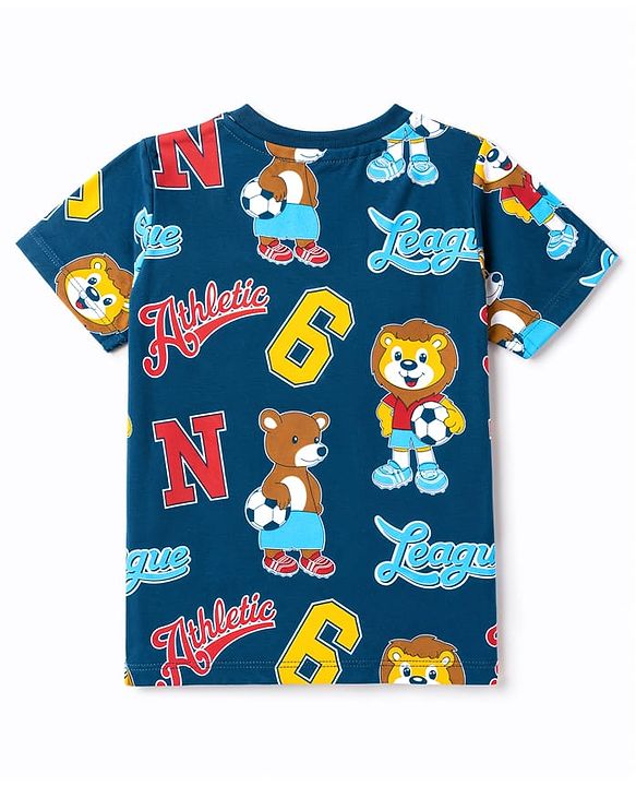 Babyhug 100% Cotton Knit Half Sleeves Lion & Bear Printed Co-Ords T-shirt & Shorts Night Suit - Navy Blue