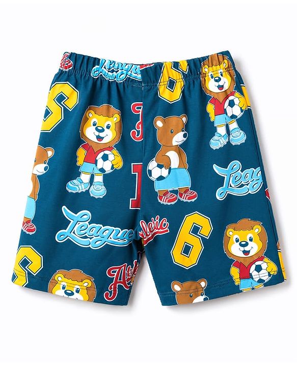Babyhug 100% Cotton Knit Half Sleeves Lion & Bear Printed Co-Ords T-shirt & Shorts Night Suit - Navy Blue