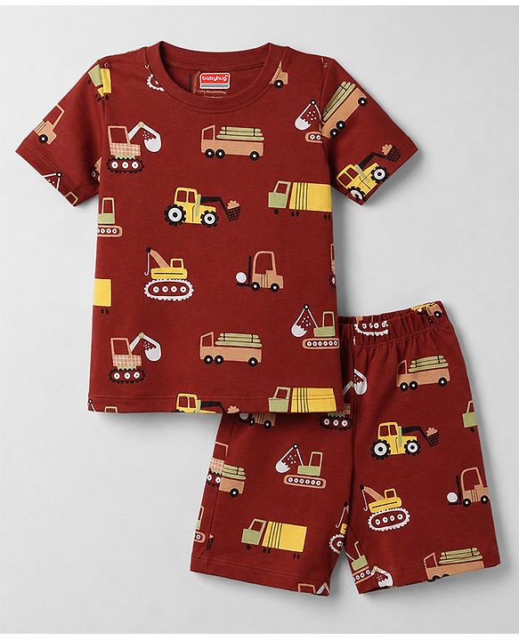 Babyhug Cotton Knit Half Sleeves T-Shirt & Shorts Night Suit With Vehicle Print - Maroon