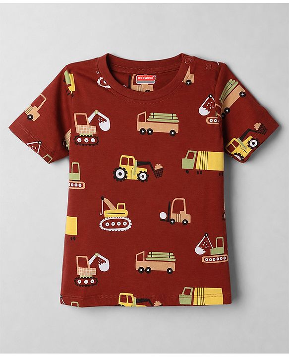 Babyhug Cotton Knit Half Sleeves T-Shirt & Shorts Night Suit With Vehicle Print - Maroon