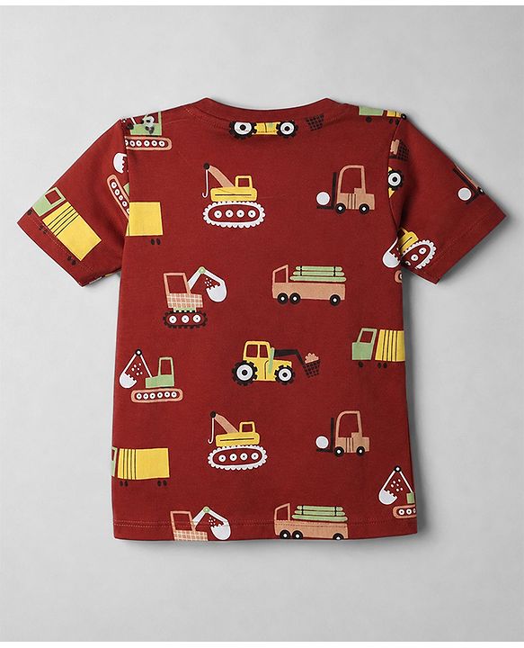 Babyhug Cotton Knit Half Sleeves T-Shirt & Shorts Night Suit With Vehicle Print - Maroon