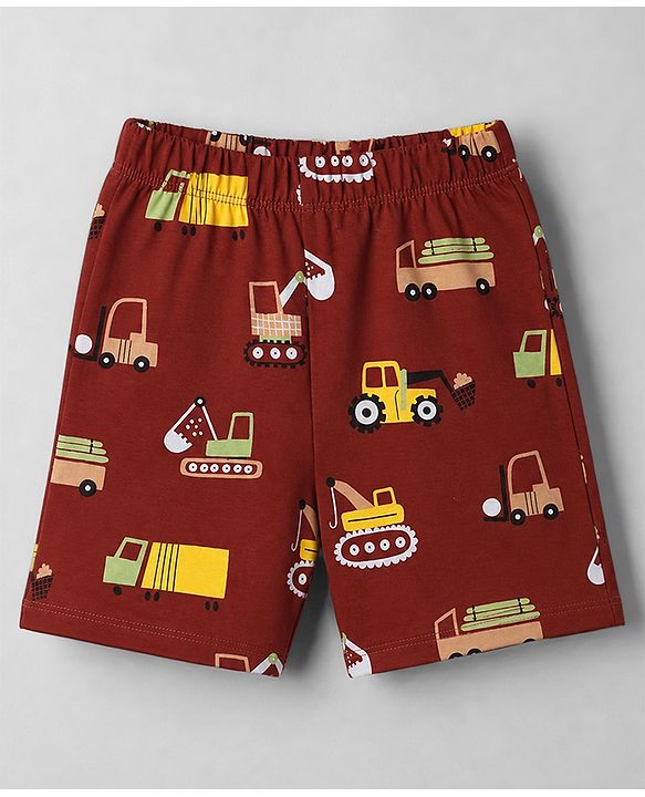 Babyhug Cotton Knit Half Sleeves T-Shirt & Shorts Night Suit With Vehicle Print - Maroon