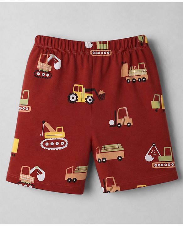 Babyhug Cotton Knit Half Sleeves T-Shirt & Shorts Night Suit With Vehicle Print - Maroon