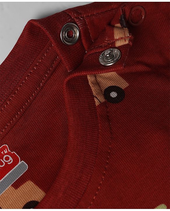Babyhug Cotton Knit Half Sleeves T-Shirt & Shorts Night Suit With Vehicle Print - Maroon