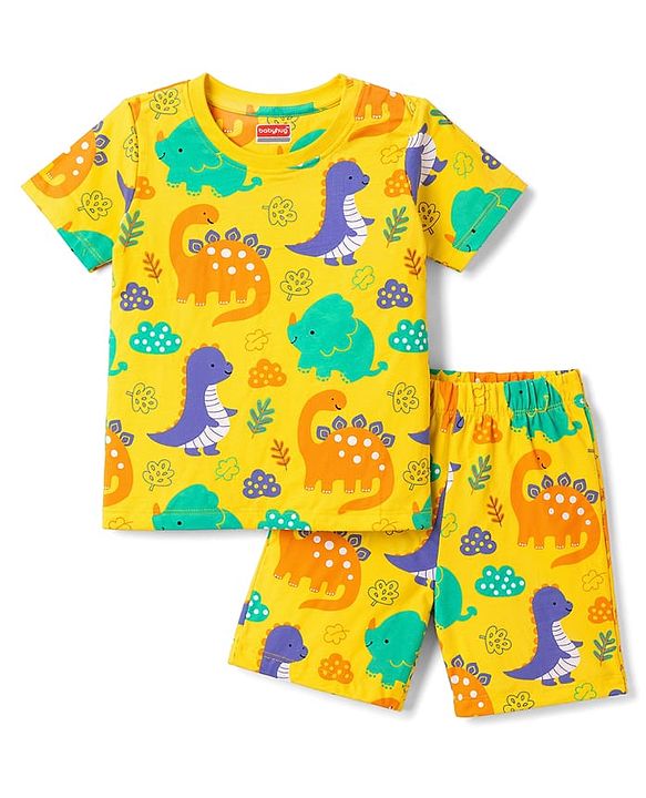 Babyhug 100% Cotton Knit Half Sleeves Dino Printed Co-Ords T-Shirt & Shorts Night Suit - Yellow