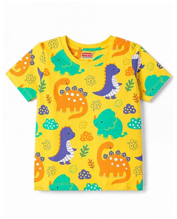 Babyhug 100% Cotton Knit Half Sleeves Dino Printed Co-Ords T-Shirt & Shorts Night Suit - Yellow