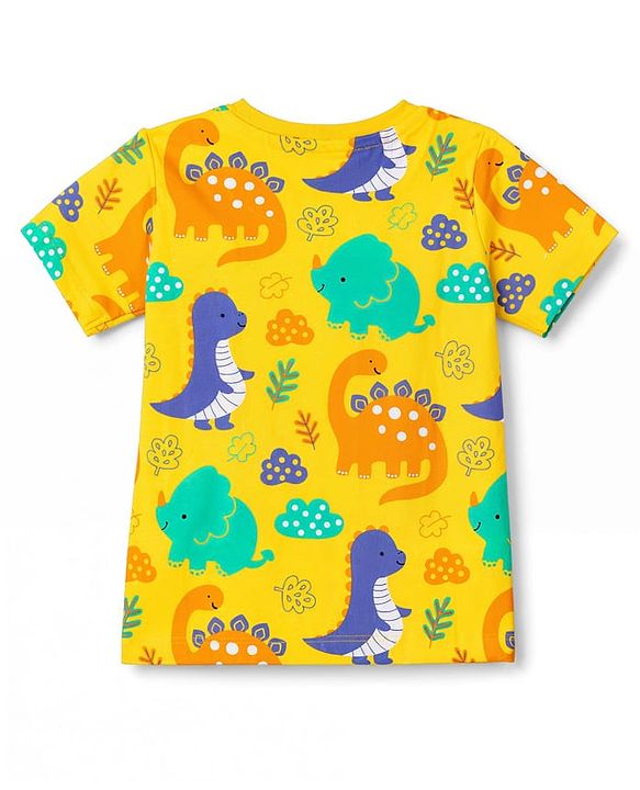 Babyhug 100% Cotton Knit Half Sleeves Dino Printed Co-Ords T-Shirt & Shorts Night Suit - Yellow