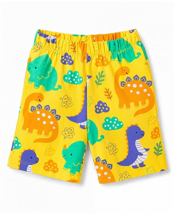 Babyhug 100% Cotton Knit Half Sleeves Dino Printed Co-Ords T-Shirt & Shorts Night Suit - Yellow