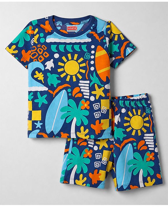 Babyhug 100% Cotton Knit Half Sleeves Beach Theme Printed Co-Ords T-Shirt & Shorts Night Suit - Navy Blue
