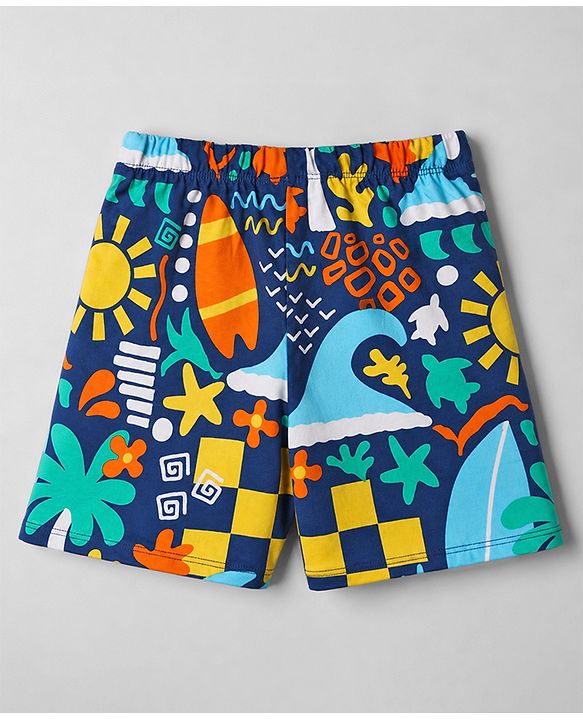 Babyhug 100% Cotton Knit Half Sleeves Beach Theme Printed Co-Ords T-Shirt & Shorts Night Suit - Navy Blue