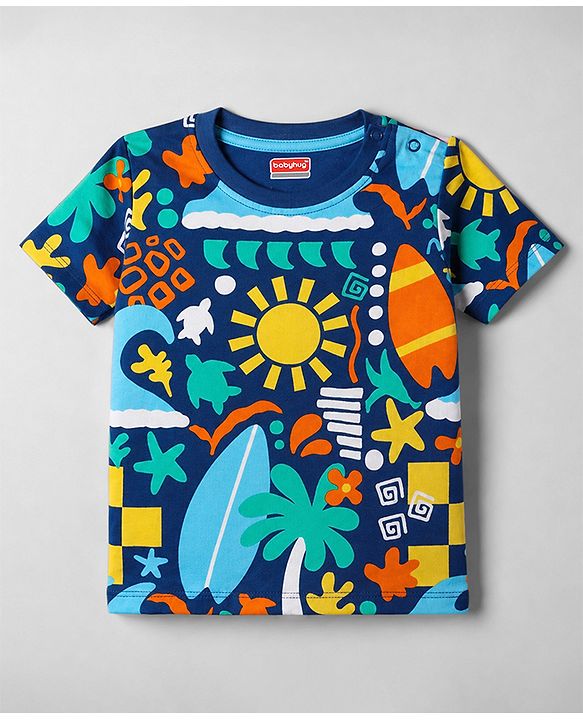 Babyhug 100% Cotton Knit Half Sleeves Beach Theme Printed Co-Ords T-Shirt & Shorts Night Suit - Navy Blue