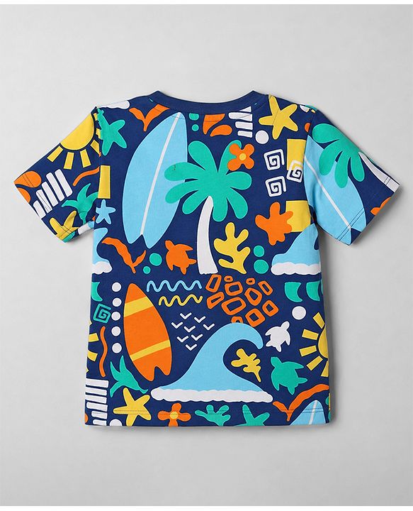 Babyhug 100% Cotton Knit Half Sleeves Beach Theme Printed Co-Ords T-Shirt & Shorts Night Suit - Navy Blue