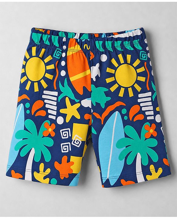 Babyhug 100% Cotton Knit Half Sleeves Beach Theme Printed Co-Ords T-Shirt & Shorts Night Suit - Navy Blue