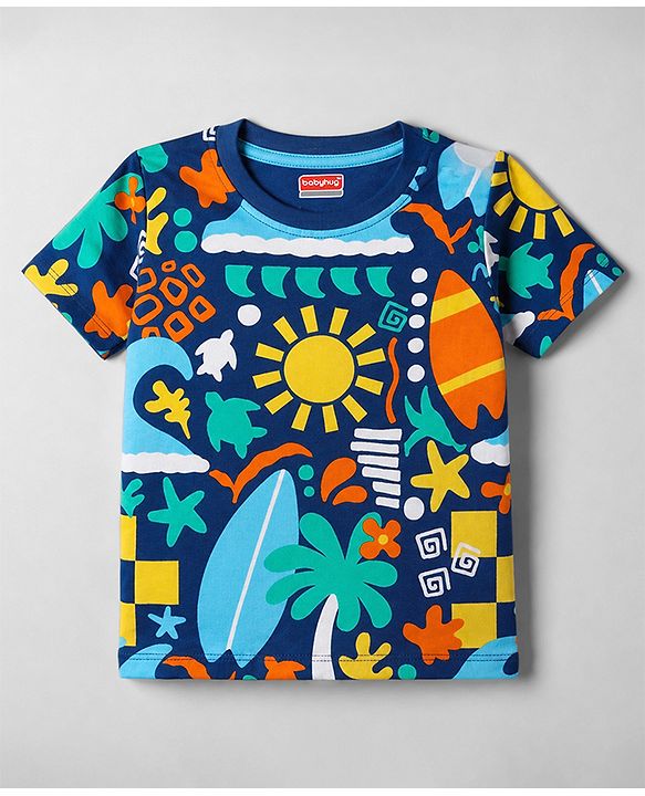 Babyhug 100% Cotton Knit Half Sleeves Beach Theme Printed Co-Ords T-Shirt & Shorts Night Suit - Navy Blue