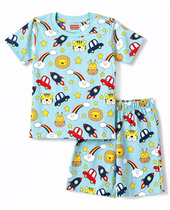 Babyhug 100% Cotton Knit Half Sleeves Space Theme Vehicles & Animal Printed Co-Ords T-Shirt & Shorts Night Suit - Light Blue