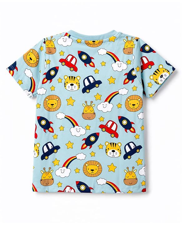 Babyhug 100% Cotton Knit Half Sleeves Space Theme Vehicles & Animal Printed Co-Ords T-Shirt & Shorts Night Suit - Light Blue