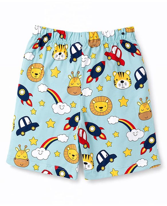 Babyhug 100% Cotton Knit Half Sleeves Space Theme Vehicles & Animal Printed Co-Ords T-Shirt & Shorts Night Suit - Light Blue