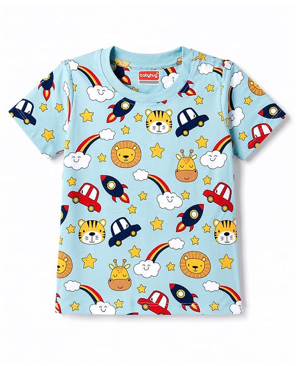 Babyhug 100% Cotton Knit Half Sleeves Space Theme Vehicles & Animal Printed Co-Ords T-Shirt & Shorts Night Suit - Light Blue
