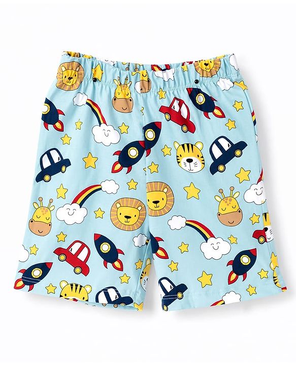Babyhug 100% Cotton Knit Half Sleeves Space Theme Vehicles & Animal Printed Co-Ords T-Shirt & Shorts Night Suit - Light Blue