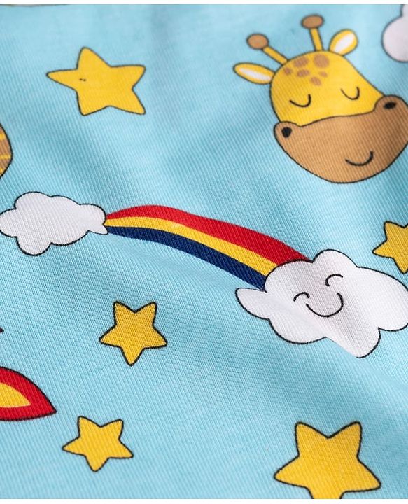 Babyhug 100% Cotton Knit Half Sleeves Space Theme Vehicles & Animal Printed Co-Ords T-Shirt & Shorts Night Suit - Light Blue