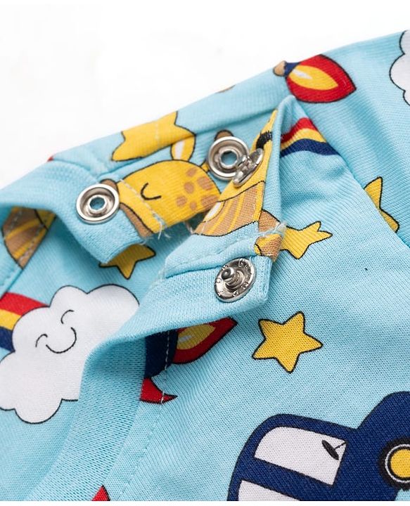 Babyhug 100% Cotton Knit Half Sleeves Space Theme Vehicles & Animal Printed Co-Ords T-Shirt & Shorts Night Suit - Light Blue