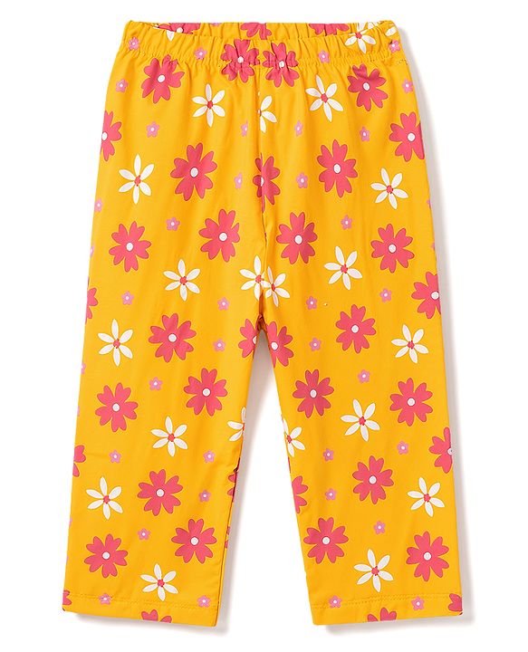 Babyhug 100% Cotton Knit Half Sleeves Floral Printed T-Shirt & Pyjama Night Suit - Yellow