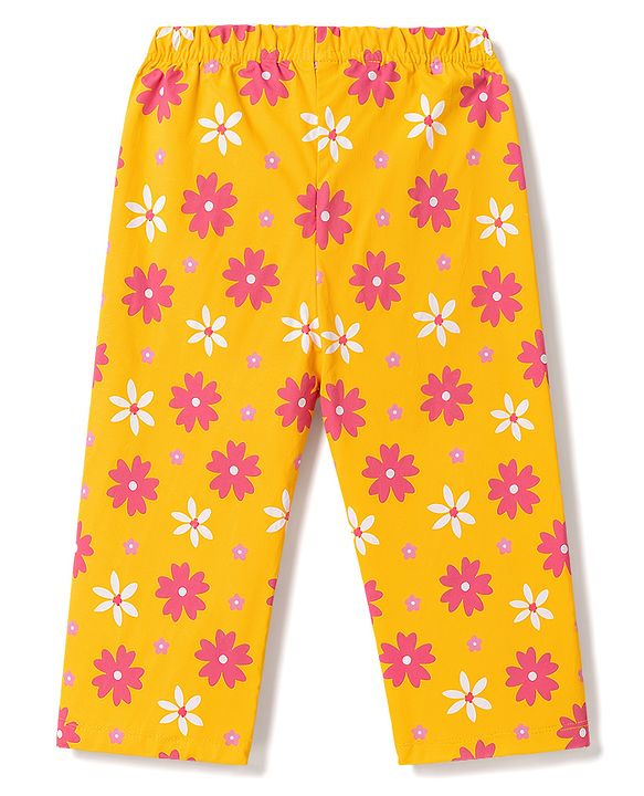 Babyhug 100% Cotton Knit Half Sleeves Floral Printed T-Shirt & Pyjama Night Suit - Yellow