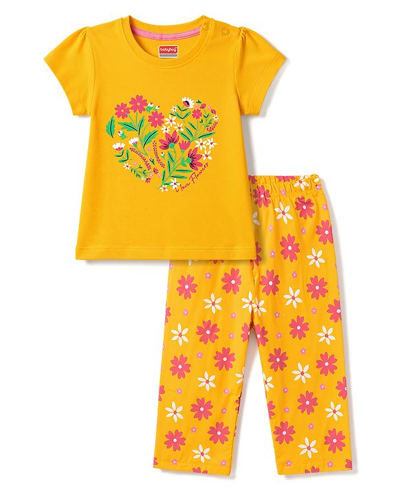 Babyhug 100% Cotton Knit Half Sleeves Floral Printed T-Shirt & Pyjama Night Suit - Yellow