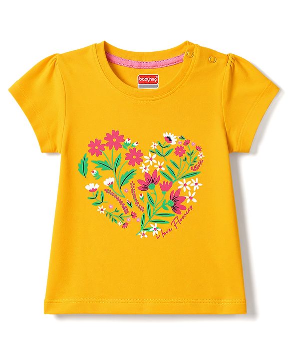 Babyhug 100% Cotton Knit Half Sleeves Floral Printed T-Shirt & Pyjama Night Suit - Yellow