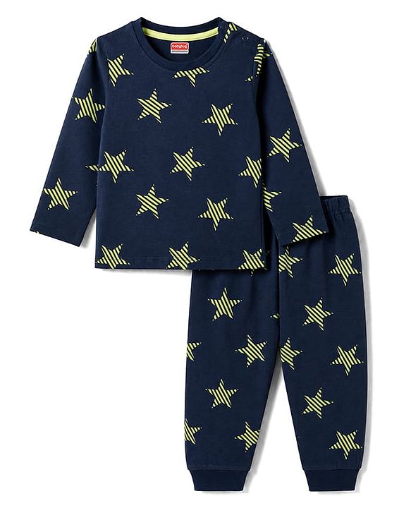 Babyhug 100% Cotton Knit Full Sleeves Star Printed Co-Ords T-Shirt & Pyjama Night Suit - Navy Blue