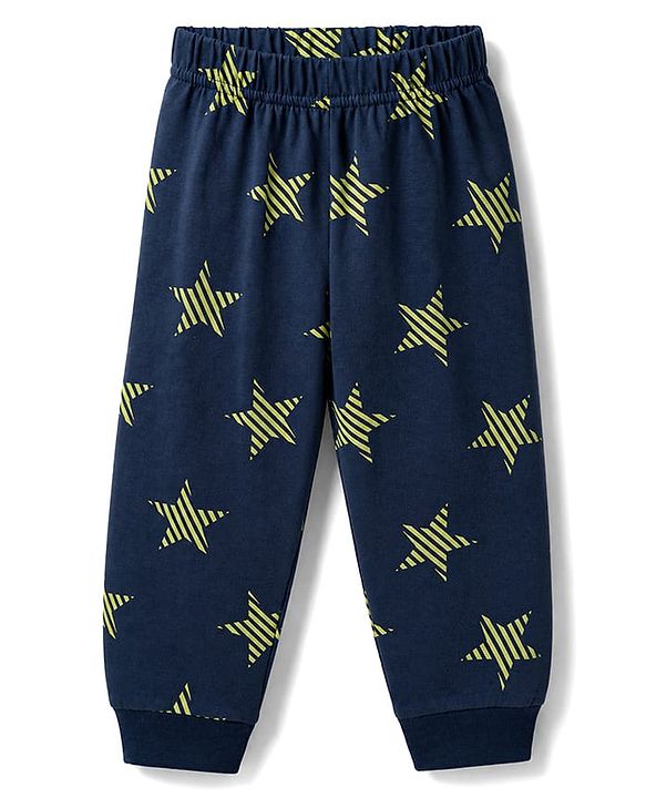 Babyhug 100% Cotton Knit Full Sleeves Star Printed Co-Ords T-Shirt & Pyjama Night Suit - Navy Blue