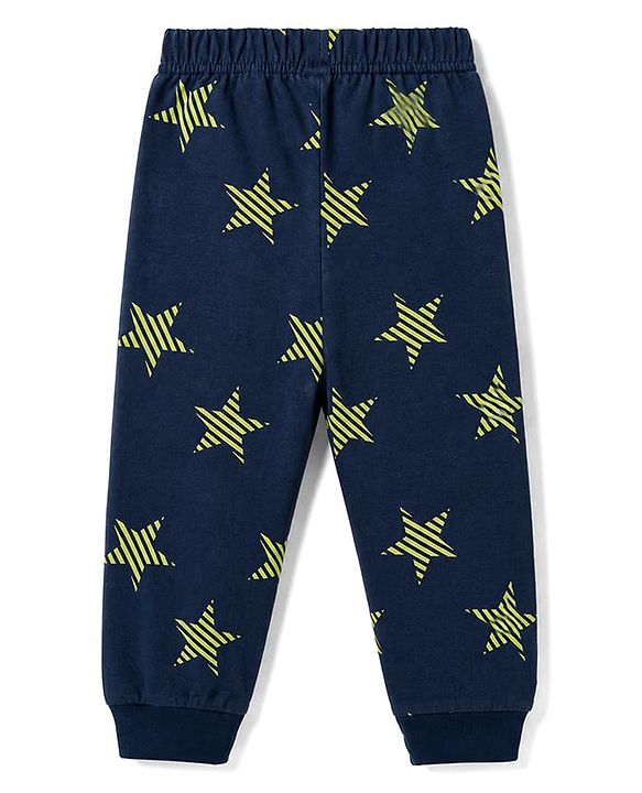 Babyhug 100% Cotton Knit Full Sleeves Star Printed Co-Ords T-Shirt & Pyjama Night Suit - Navy Blue