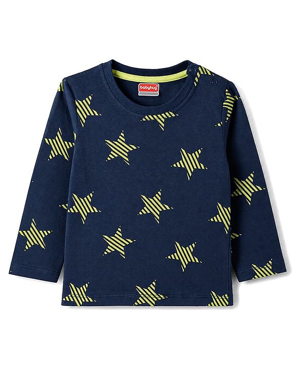 Babyhug 100% Cotton Knit Full Sleeves Star Printed Co-Ords T-Shirt & Pyjama Night Suit - Navy Blue