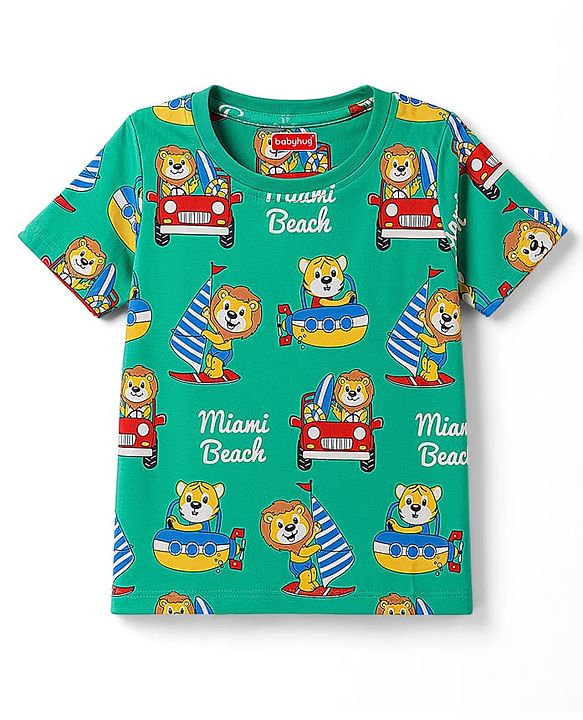 Babyhug 100% Cotton Knit Half Sleeves Animal & Nautical Theme Printed Co-Ords T-Shirt & Shorts Night Suit - Green