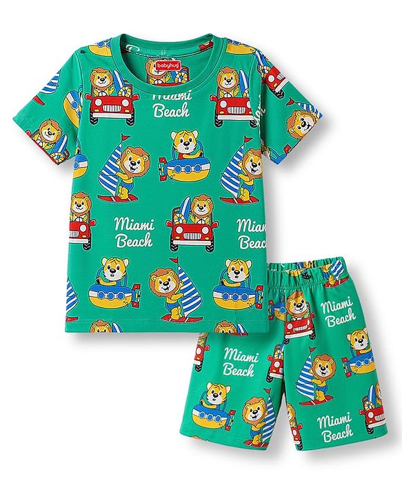 Babyhug 100% Cotton Knit Half Sleeves Animal & Nautical Theme Printed Co-Ords T-Shirt & Shorts Night Suit - Green