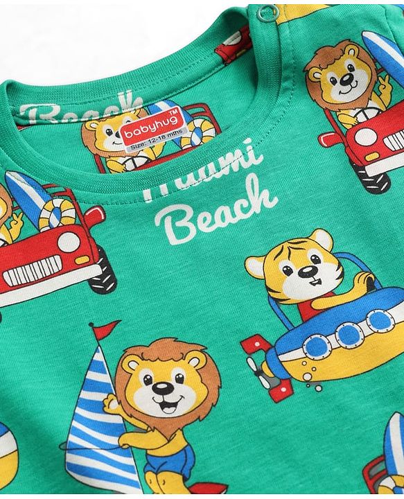 Babyhug 100% Cotton Knit Half Sleeves Animal & Nautical Theme Printed Co-Ords T-Shirt & Shorts Night Suit - Green