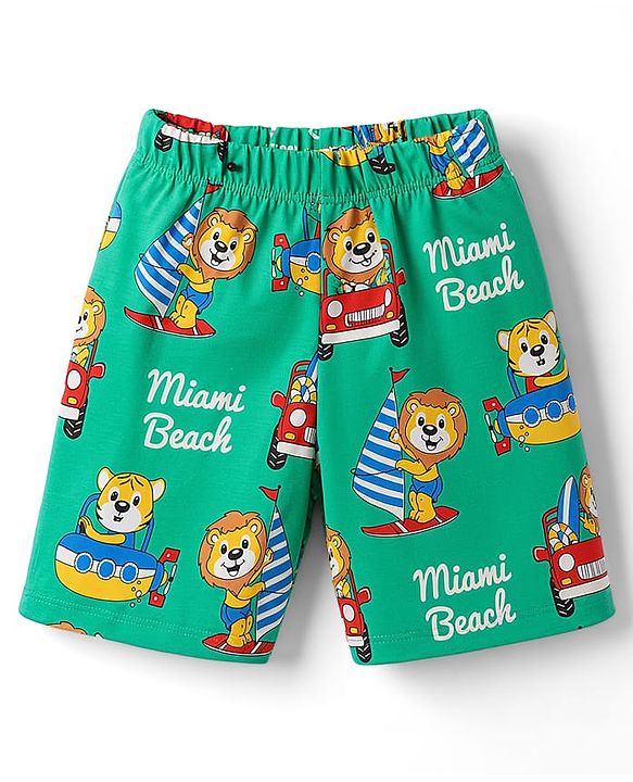 Babyhug 100% Cotton Knit Half Sleeves Animal & Nautical Theme Printed Co-Ords T-Shirt & Shorts Night Suit - Green