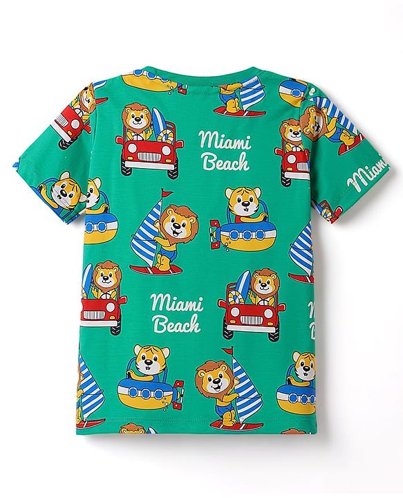 Babyhug 100% Cotton Knit Half Sleeves Animal & Nautical Theme Printed Co-Ords T-Shirt & Shorts Night Suit - Green