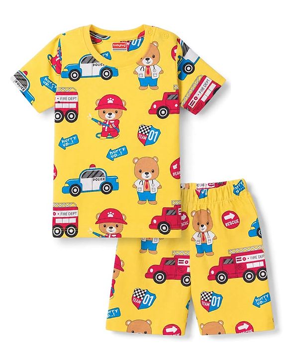 Babyhug 100% Cotton Knit Half Sleeves Emergency Vehicles & Bear Printed Co-Ords T-Shirt & Shorts Night Suit - Yellow