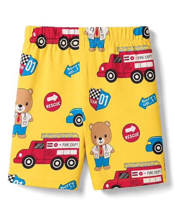 Babyhug 100% Cotton Knit Half Sleeves Emergency Vehicles & Bear Printed Co-Ords T-Shirt & Shorts Night Suit - Yellow