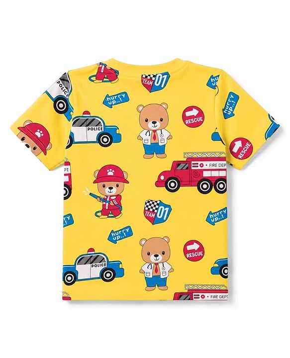 Babyhug 100% Cotton Knit Half Sleeves Emergency Vehicles & Bear Printed Co-Ords T-Shirt & Shorts Night Suit - Yellow