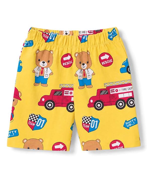 Babyhug 100% Cotton Knit Half Sleeves Emergency Vehicles & Bear Printed Co-Ords T-Shirt & Shorts Night Suit - Yellow
