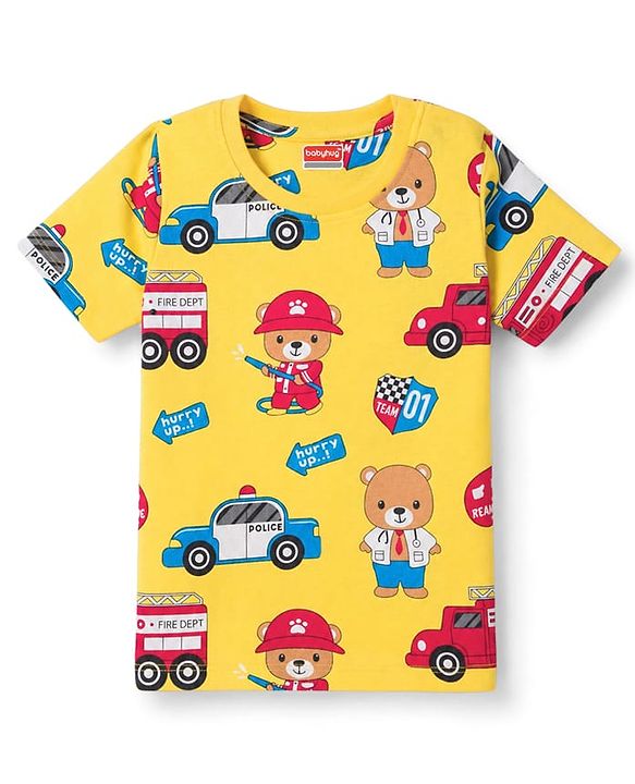 Babyhug 100% Cotton Knit Half Sleeves Emergency Vehicles & Bear Printed Co-Ords T-Shirt & Shorts Night Suit - Yellow