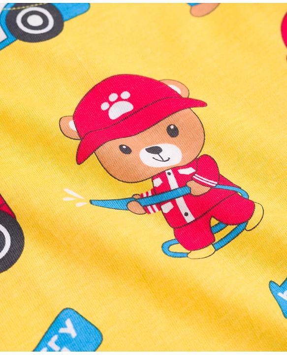 Babyhug 100% Cotton Knit Half Sleeves Emergency Vehicles & Bear Printed Co-Ords T-Shirt & Shorts Night Suit - Yellow