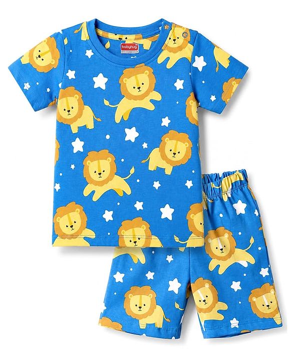 Babyhug 100% Cotton Knit Half Sleeves Lion & Star Printed Co-Ords T-Shirt & Shorts Night Suit - Blue