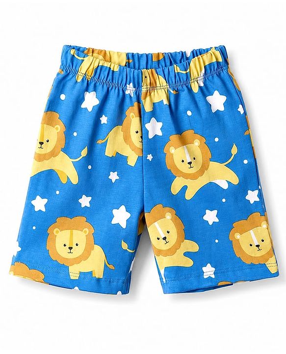 Babyhug 100% Cotton Knit Half Sleeves Lion & Star Printed Co-Ords T-Shirt & Shorts Night Suit - Blue