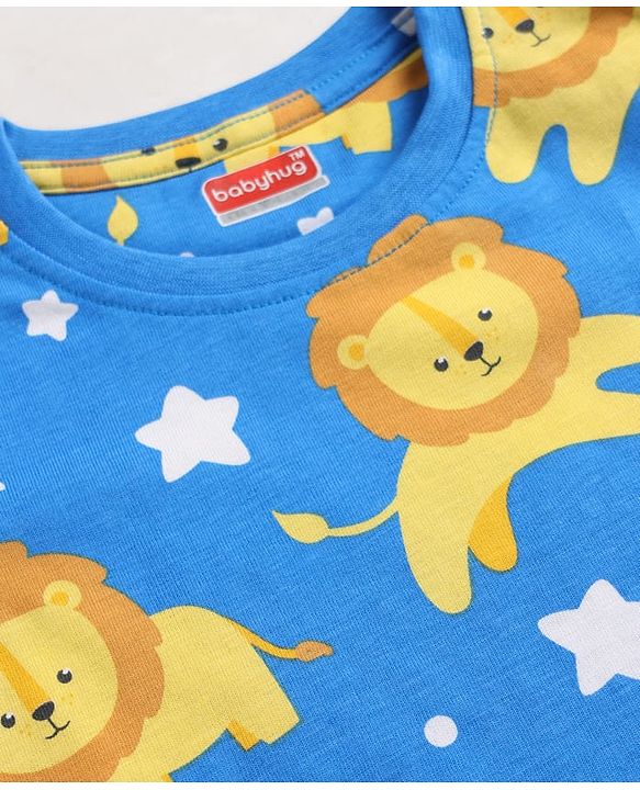 Babyhug 100% Cotton Knit Half Sleeves Lion & Star Printed Co-Ords T-Shirt & Shorts Night Suit - Blue