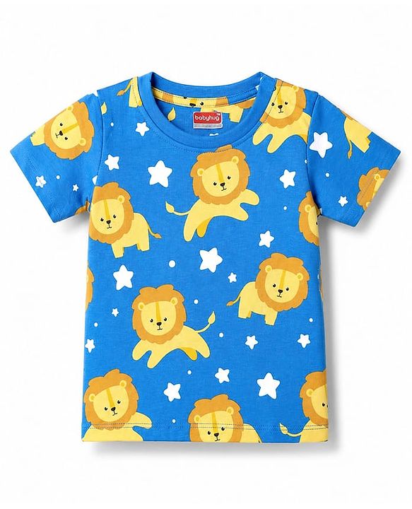 Babyhug 100% Cotton Knit Half Sleeves Lion & Star Printed Co-Ords T-Shirt & Shorts Night Suit - Blue